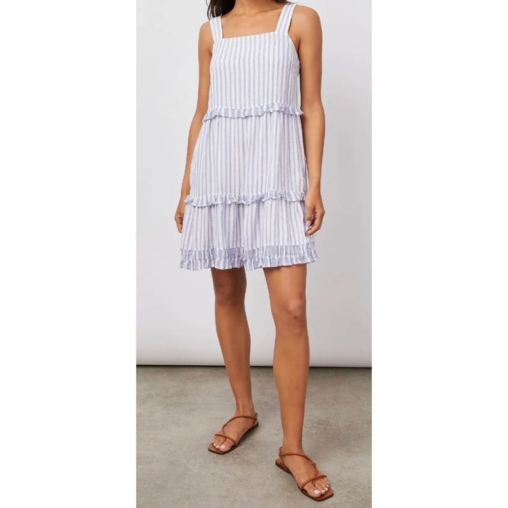 Rails Sandy Dress Blue Iris Stripe‎ Mix Linen Blend Tiered Coastal Dress S $188